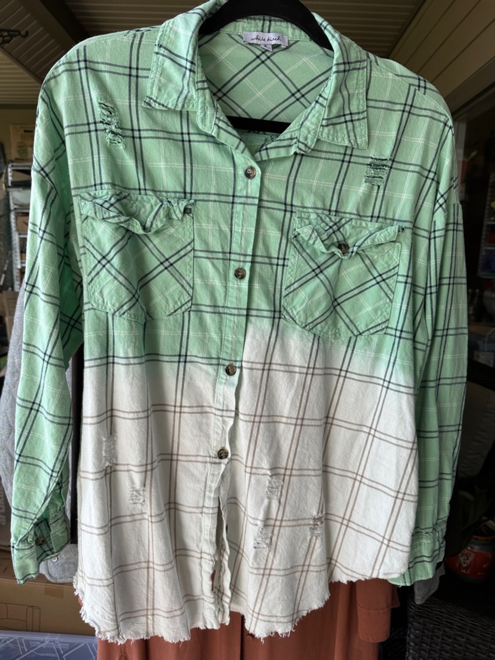 Mint Green & White Ombre Plaid Button-Up Shirt Sz S oversized